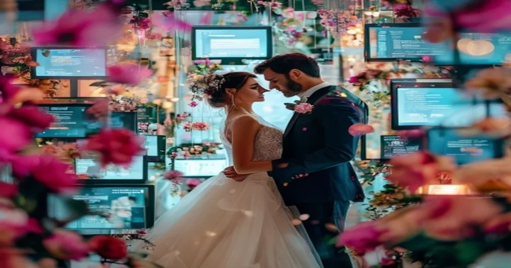 Pareja de novios junto a diseños de páginas web para bodas en español, estilo moderno y vibrante