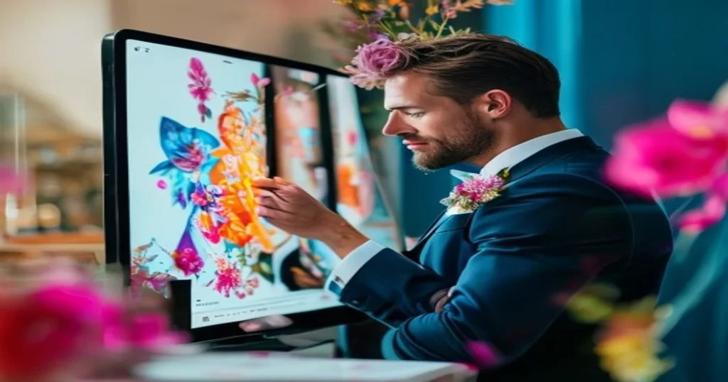 Diseño web moderno para fotógrafo de bodas mostrando portafolio elegante en pantallas con colores vibrantes