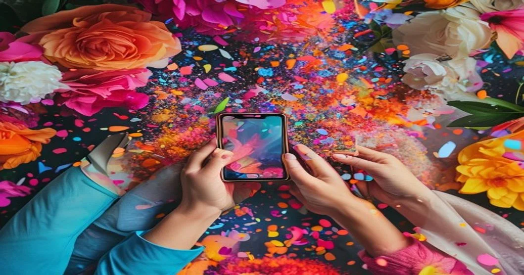 Manos sosteniendo smartphones con fotos de boda compartidas online en un álbum colaborativo digital