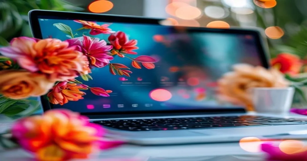 Diseño exclusivo de web de boda en pantalla de ordenador con elementos florales vibrantes y composición moderna