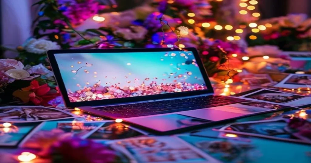 Galería de fotos de boda online en pantalla con imágenes impresas, flores y luces de ambiente en estilo vibrante