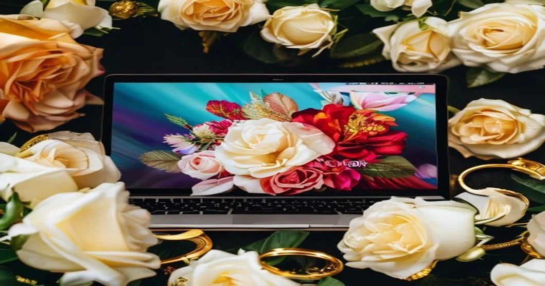 Mejores proveedores de dominio personalizado para web de boda con laptop elegante y decoración nupcial moderna