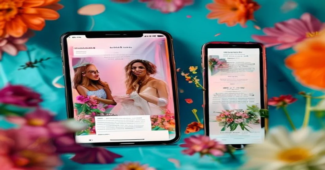 Página web de boda con sección de testimonios de invitados en pantalla de smartphone, estilo moderno y vibrante