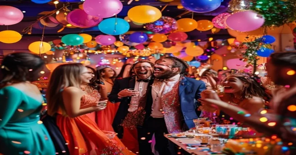Invitados de boda participando en juegos interactivos durante una celebración vibrante y colorida